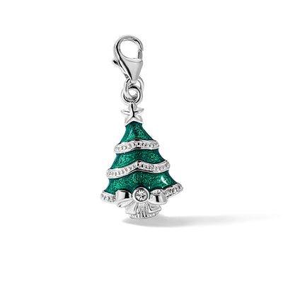 Amore La Vita Sterling Silver Rhodium-plated Green Enameled Christmas Tree with White Crystal in Bow Charm with Fancy Lobster Clasp