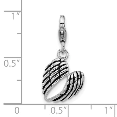 Amore La Vita Sterling Silver Rhodium-plated 3-D Antiqued Heart Shaped Angel Wings Charm with Fancy Lobster Clasp