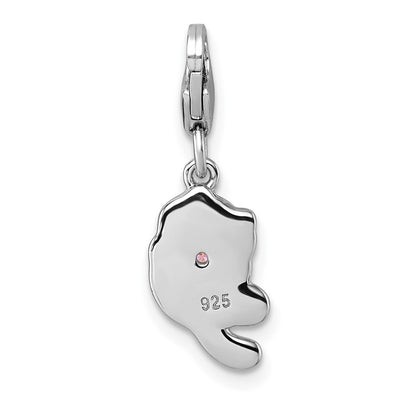 Sterling Silver Amore La Vita Rhodium-plated White Enameled Cat with Pink CZ Charm with Lobster Clasp