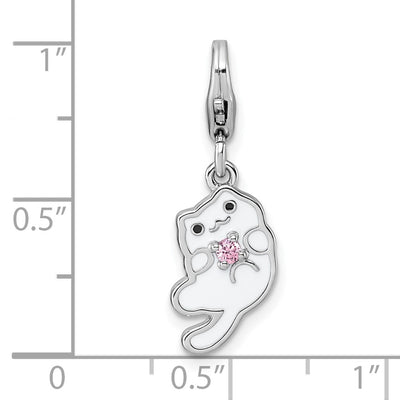Sterling Silver Amore La Vita Rhodium-plated White Enameled Cat with Pink CZ Charm with Lobster Clasp