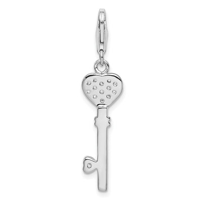 Amore La Vita Sterling Silver Rhodium-plated Polished Clear CZ Heart Top Key Charm with Fancy Lobster Clasp