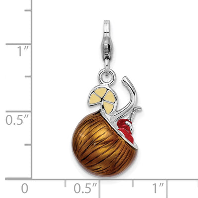 Amore La Vita Sterling Silver Rhodium-plated Polished 3-D Enameled Pina Colada Charm with Fancy Lobster Clasp