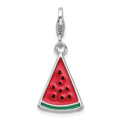 Amore La Vita Sterling Silver Rhodium-plated Polished 3-D Enameled Watermelon Wedge Charm with Fancy Lobster Clasp