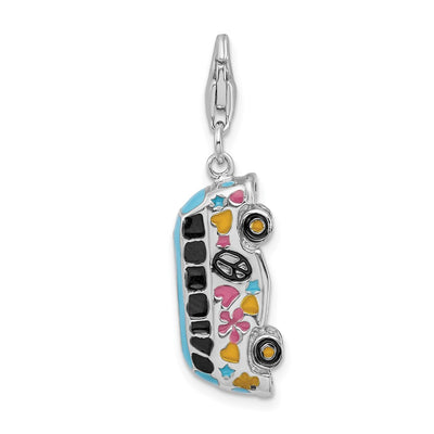 Amore La Vita Sterling Silver Rhodium-plated Polished 3-D Enameled Hippie Bus Charm with Fancy Lobster Clasp