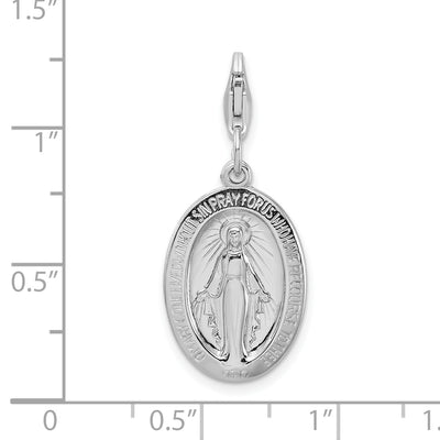 Amore La Vita Sterling Silver Rhodium-plated Polished Miraculous Medal Charm with Fancy Lobster Clasp, 40 x 13mm