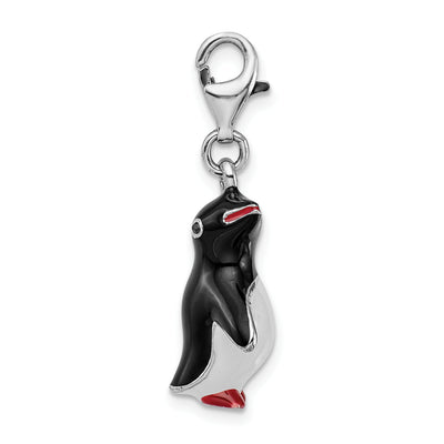 Amore La Vita Sterling Silver Rhodium-plated Polished 3-D Enameled Penguin Charm with Fancy Lobster Clasp, 37 x 12mm