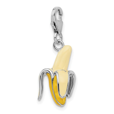 Amore La Vita Sterling Silver Rhodium-plated Polished 3-D Enameled Peeled Banana Charm with Fancy Lobster Clasp