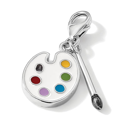 Amore La Vita Sterling Silver Rhodium-plated Polished Enameled 3-D Palette and Brush Charm with Fancy Lobster Clasp