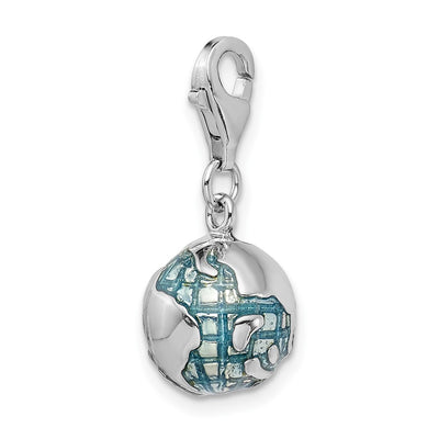 Amore La Vita Sterling Silver Rhodium-plated Polished 3-D Enameled World Globe Charm with Fancy Lobster Clasp