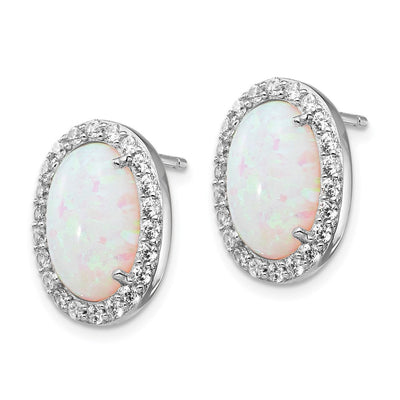 Cheryl M Sterling Silver Rhodium-plated Cabochon Lab Created Opal and Brilliant-cut CZ Oval Halo Post Earrings, 15 x 12mm