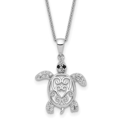 Cheryl M Sterling Silver Rhodium-plated Brilliant-cut Black Glass and Brilliant-cut White CZ Filigree Turtle Necklace