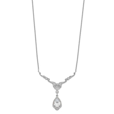 Cheryl M Sterling Silver Rhodium-plated Fancy Brilliant-cut CZ Teardrop Dangle Necklace with Extender
