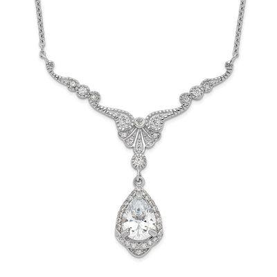 Cheryl M Sterling Silver Rhodium-plated Fancy Brilliant-cut CZ Teardrop Dangle Necklace with Extender