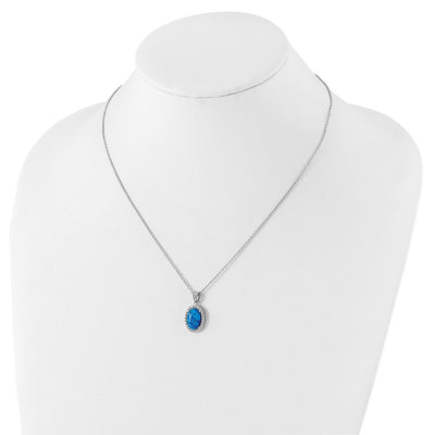 Cheryl M Sterling Silver Rhodium-plated Cabochon Lab Created Blue Opal and Brilliant-cut CZ Oval Necklace, 18.5 x 11.97mm