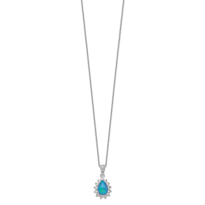 Cheryl M Sterling Silver Rhodium-plated Cabochon Lab Created Blue Opal and Brilliant-cut CZ Pear Necklace