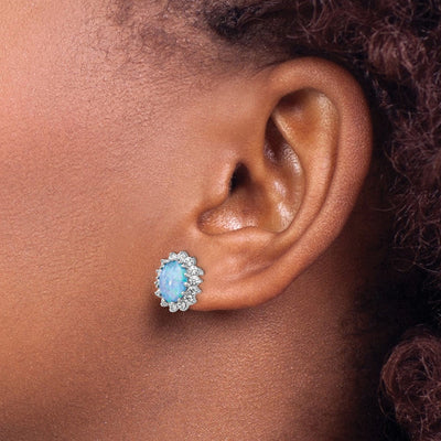 Cheryl M Sterling Silver Rhodium-plated Cabochon Lab Created Blue Opal and Brilliant-cut CZ Post Earrings, 12.1 x 10.16mm
