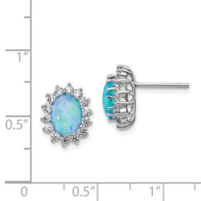 Cheryl M Sterling Silver Rhodium-plated Cabochon Lab Created Blue Opal and Brilliant-cut CZ Post Earrings, 12.1 x 10.16mm