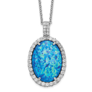 Cheryl M Sterling Silver Rhodium-plated Cabochon Lab Created Blue Opal and Brilliant-cut CZ Oval 18. Necklace (Style QCM1399-18.5)