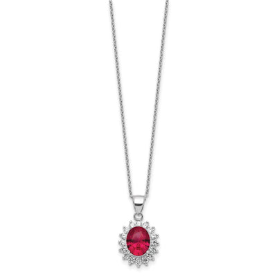 Cheryl M Sterling Silver Rhodium-plated Brilliant-cut Lab Created Ruby and Brilliant-cut White CZ Oval Halo Necklace, 18.25 x 14.3mm