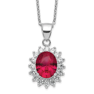 Cheryl M Sterling Silver Rhodium-plated Brilliant-cut Lab Created Ruby and Brilliant-cut White CZ Oval Halo 18. Necklace (Style QCM1409-18.25)