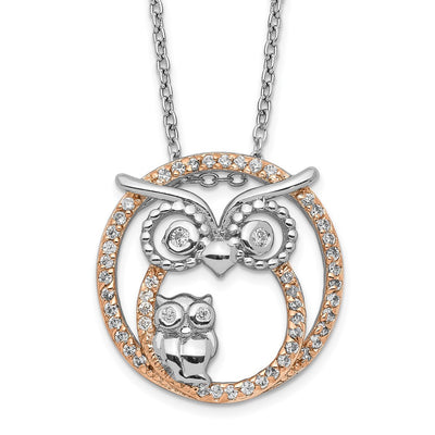 Cheryl M Sterling Silver Rhodium-plated and Rose Gold-plated Brilliant-cut CZ Owls Circle Necklace