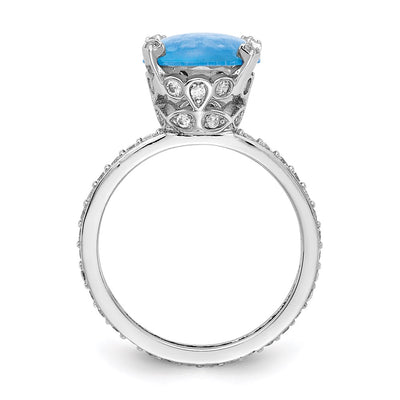 Cheryl M Sterling Silver Rhodium-plated Cabochon Lab Created Blue Opal and Brilliant-cut CZ Oval with Side Stones Ring