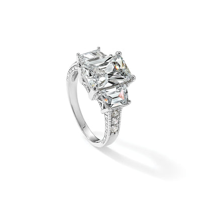 Cheryl M Sterling Silver Rhodium-plated Fancy Emerald-cut and Brilliant-cut CZ 3 Stone Ring