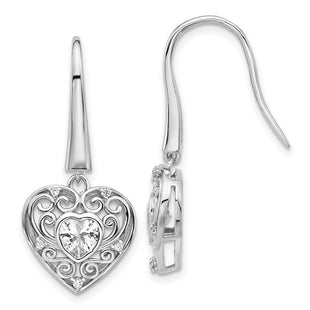 Cheryl M Sterling Silver Rhodium-plated Brilliant-cut CZ Heart Dangle Earrings (Style QCM1588)