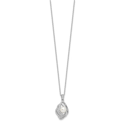 Cheryl M Sterling Silver Rhodium-plated Freshwater Cultured Pearl and Brilliant-cut CZ Teardrop Design Necklace with Extender