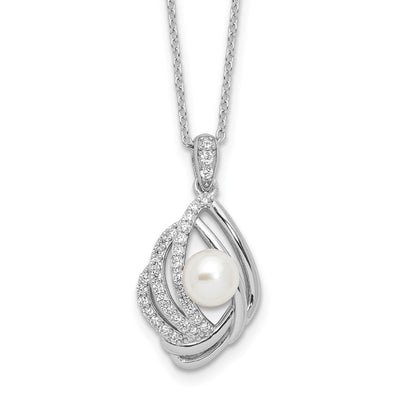Cheryl M Sterling Silver Rhodium-plated Freshwater Cultured Pearl and Brilliant-cut CZ Teardrop Design Necklace with Extender