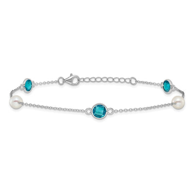 Cheryl M Sterling Silver Rhodium-plated Blue Double Pineapple-cut CZ & White Freshwater Cultured Pearl 5 Station Anklet with Extender, 10 x 7mm