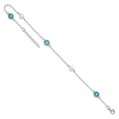 Cheryl M Sterling Silver Rhodium-plated Blue Double Pineapple-cut CZ & White Freshwater Cultured Pearl 5 Station Anklet with Extender, 10 x 7mm