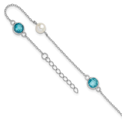 Cheryl M Sterling Silver Rhodium-plated Blue Double Pineapple-cut CZ & White Freshwater Cultured Pearl 5 Station Anklet with Extender, 10 x 7mm