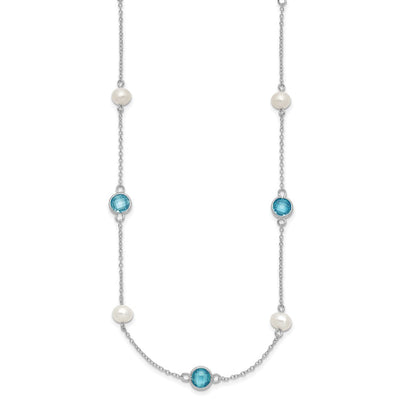 Cheryl M Sterling Silver Rhodium-plated Blue Double Pineapple-cut CZ & White Freshwater Cultured Pearl 5 Station Anklet with Extender, 18 x 7mm