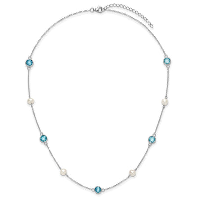 Cheryl M Sterling Silver Rhodium-plated Blue Double Pineapple-cut CZ & White Freshwater Cultured Pearl 5 Station Anklet with Extender, 18 x 7mm