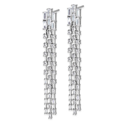 Cheryl M Sterling Silver Rhodium-plated Polished Fancy 3-Row CZ Post Dangle Earrings, 74.5 x 9.4mm
