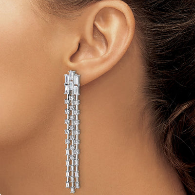 Cheryl M Sterling Silver Rhodium-plated Polished Fancy 3-Row CZ Post Dangle Earrings, 74.5 x 9.4mm
