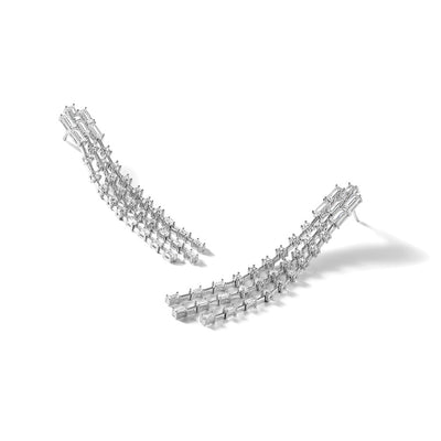 Cheryl M Sterling Silver Rhodium-plated Polished Fancy 3-Row CZ Post Dangle Earrings, 74.5 x 9.4mm