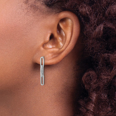 Cheryl M Sterling Silver Rhodium-plated Polished CZ Paperclip Link Post Dangle Earrings, 26.5 x 3.75mm
