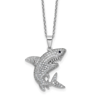 Cheryl M Sterling Silver Rhodium-plated Polished Lab Created Black Spinel and CZ Shark with Extension Necklace