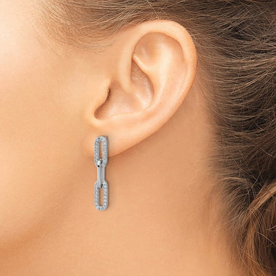 Cheryl M Sterling Silver Rhodium-plated Polished CZ Paperclip Link Post Dangle Earrings, 28.1 x 5.1mm