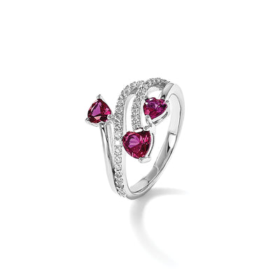Cheryl M Sterling Silver Rhodium-plated Polished Lab Created Ruby and CZ Hearts Ring