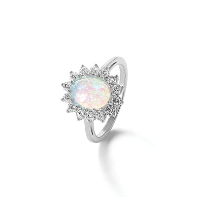 Cheryl M Sterling Silver Rhodium-plated Polished Created Opal and CZ Oval Halo Ring