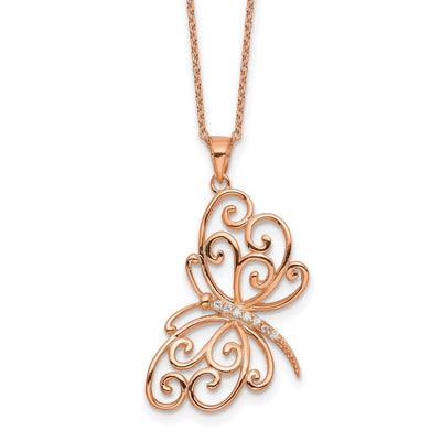 Cheryl M Sterling Silver Rose Gold-plated Polished CZ Butterfly with Extension Necklace