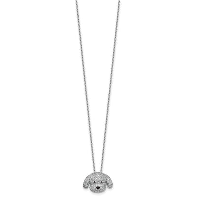 Cheryl M Sterling Silver Rhodium-plated Polished and Enameled Black and White CZ Dog with Extension Necklace, 18 x 13mm