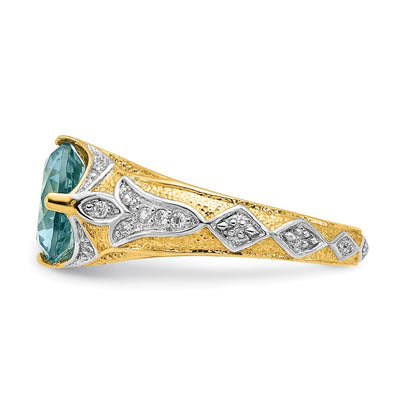 Cheryl M Sterling Silver Rhodium and Gold-plated Polished and Textured Blue Glass and CZ Ring