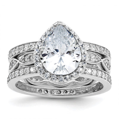 Cheryl M Sterling Silver Rhodium-plated Polished CZ Teardrop Halo 3 Ring Set