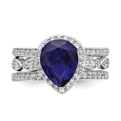 Cheryl M Sterling Silver Rhodium-plated Polished Lab Created Sapphire and CZ Teardrop Halo 3 Ring Set