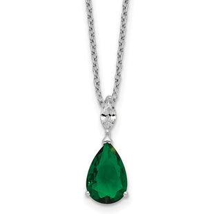 Cheryl M Sterling Silver Rhodium-plated Polished CZ and Green Glass Teardrop Necklace (Style QCM1958-18)