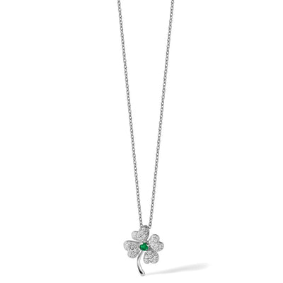 Cheryl M Sterling Silver Rhodium-plated Brilliant-cut Green Glass and Brilliant-cut White CZ Four Leaf Clover Necklace, 18 x 15mm